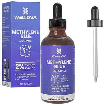 WELLOVA - 2% High Concentrate Methylene Blue 120ml Solution - Ultra High Purity - USP Pharmaceutical Grade - Free of Formaldehyde - Glass Dropper - Made in Canada