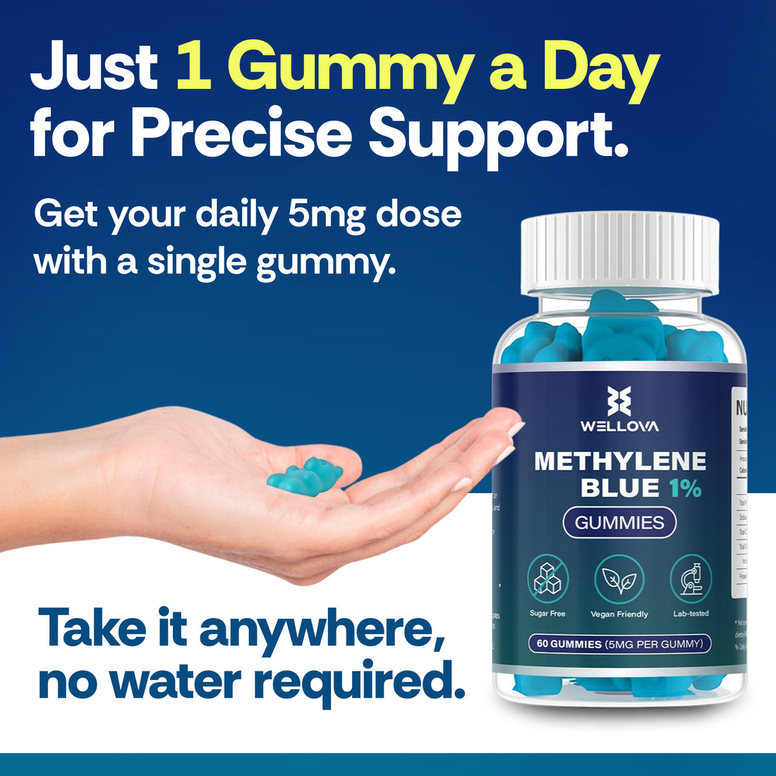 Wellova Methylene Blue 1% Gummies | 60 Vegan, Lab-Tested Gummies | 5mg Methylene Blue Per Gummy | Cognitive Support, Energy & Focus | Antioxidant & Mitochondrial Health