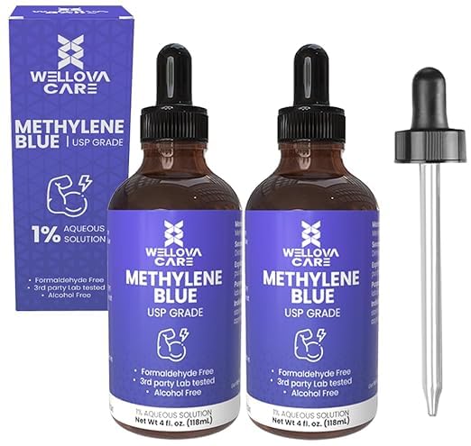 WELLOVA - 1% Methylene Blue 2x120ml Solution - Ultra High Purity - USP Pharmaceutical Grade - Free of Formaldehyde - Glass Dropper - Made in Canada - Pack of 2