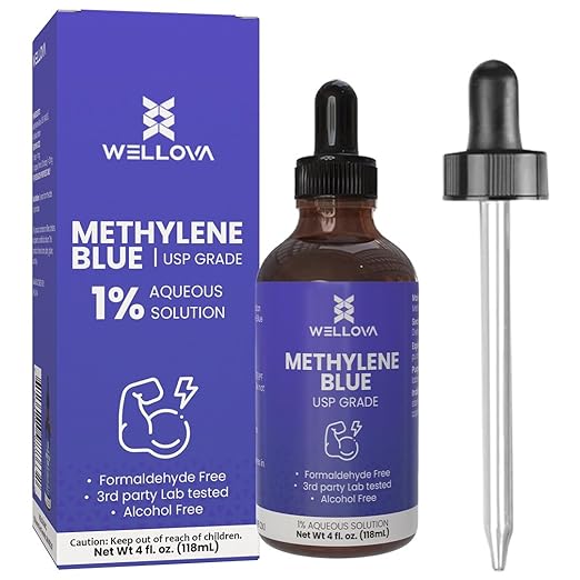WELLOVA - 1% High Concentrate Methylene Blue 120ml Solution - Ultra High Purity - USP Pharmaceutical Grade - Free of Formaldehyde - Glass Dropper - Made in Canada