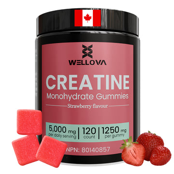 Wellova Creatine Monohydrate Gummies | Strawberry Flavour | 120 Count | 5,000 mg Daily Serving | 1,250 mg per Gummy | Canadian Made Creatine Supplement