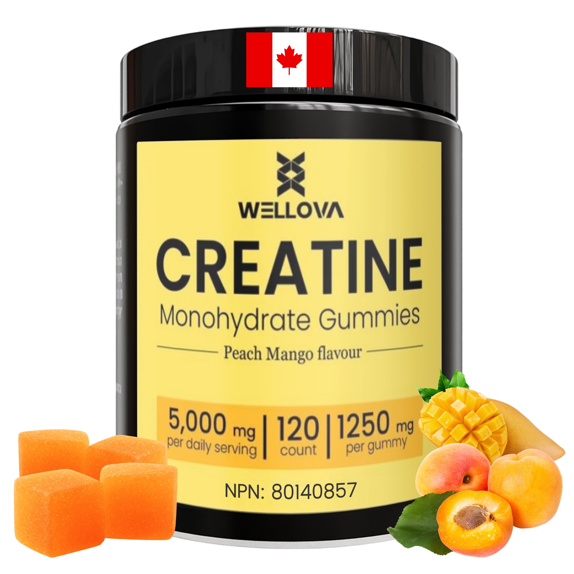 Wellova Creatine Monohydrate Gummies | Peach Mango Flavour | 120 Count | 5,000 mg Daily Serving | 1,250 mg per Gummy | Canadian Made Creatine Supplement