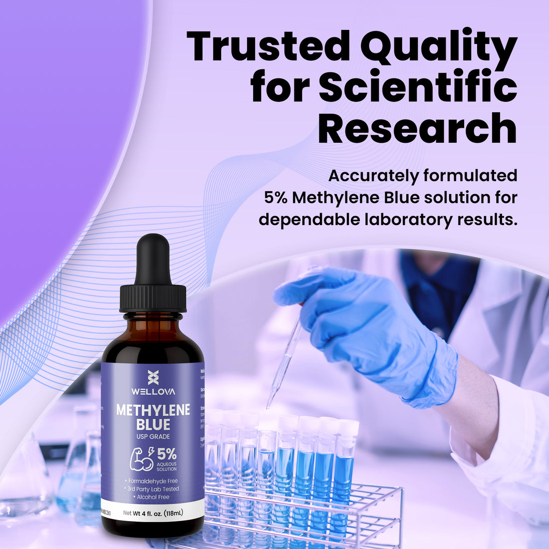 Wellova Methylene Blue 5% Solution | High-Purity Laboratory Grade | Large 120 mL UV-Protective Bottle