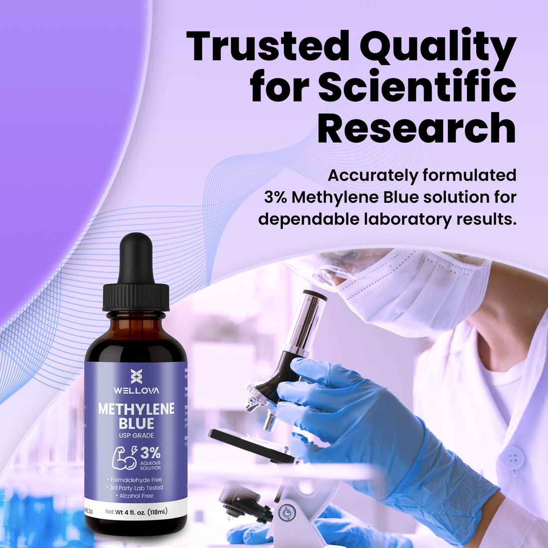 Wellova Methylene Blue 3% Solution | High-Purity Laboratory Grade | Large 120 mL UV-Protective Bottle