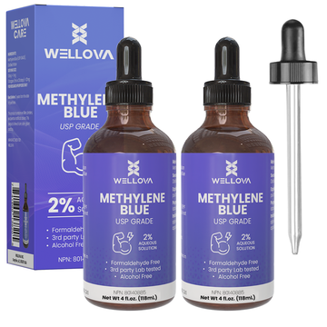 WELLOVA - 2% Methylene Blue 2x120ml Solution | Ultra High Purity | USP Grade | Formaldehyde-Free | Glass Dropper | Made in Canada