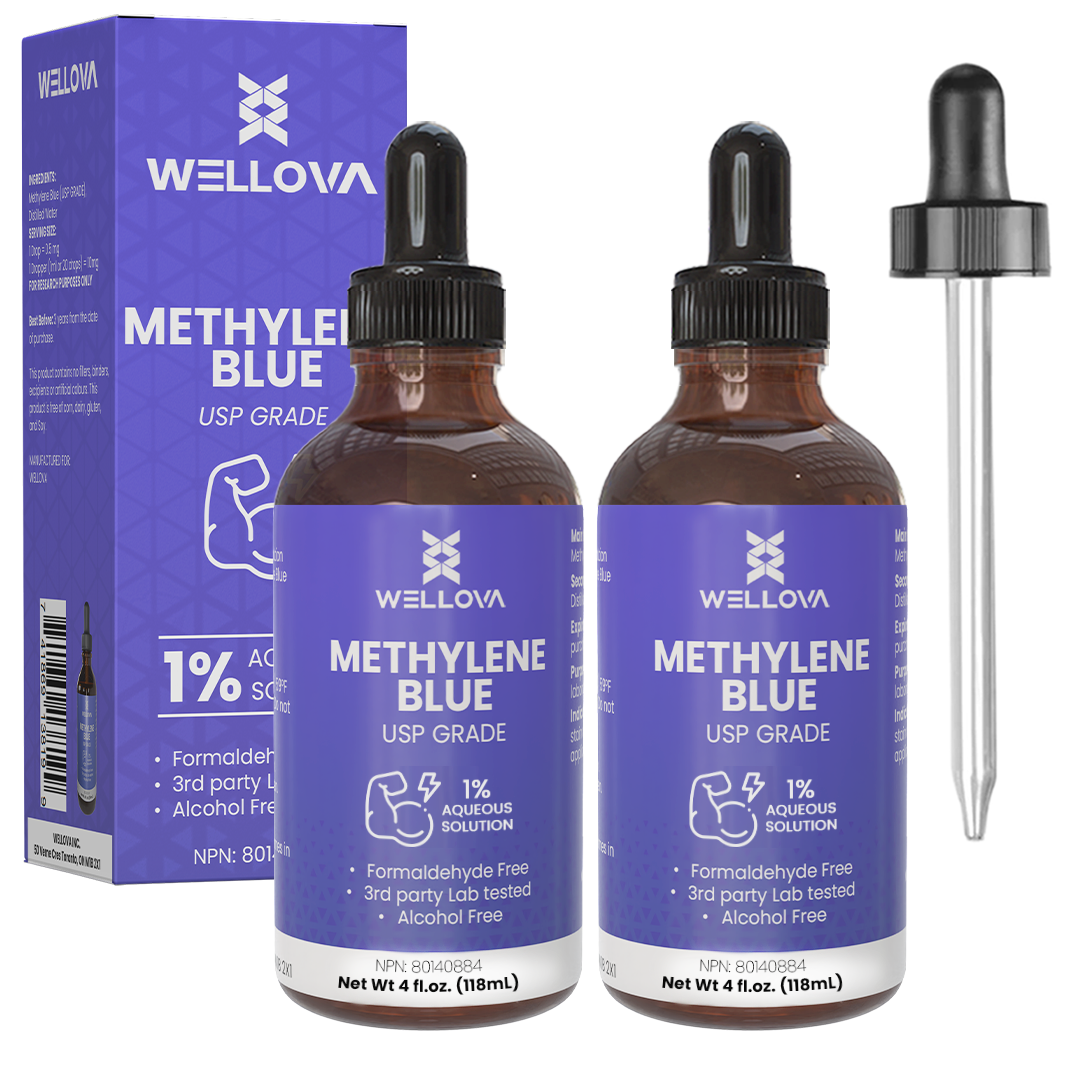 WELLOVA - 1% Methylene Blue 2x120ml Solution - Ultra High Purity - USP Pharmaceutical Grade - Free of Formaldehyde - Glass Dropper - Made in Canada - Pack of 2