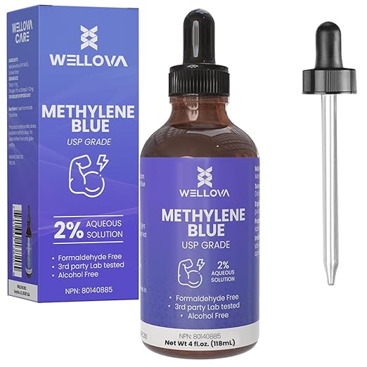 WELLOVA - 2% High Concentrate Methylene Blue 120ml Solution - Ultra High Purity - USP Pharmaceutical Grade - Free of Formaldehyde - Glass Dropper - Made in Canada
